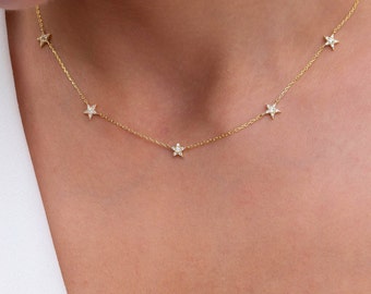 Diamond Star Station Necklace / 14k Gold Star Station Necklace / Dainty Charm Necklace / Minimalistic Station Necklace