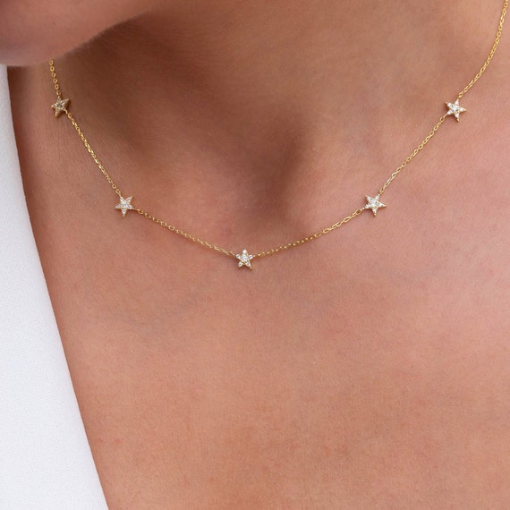 Diamond Star Station Necklace 14k Gold Star Station Necklace