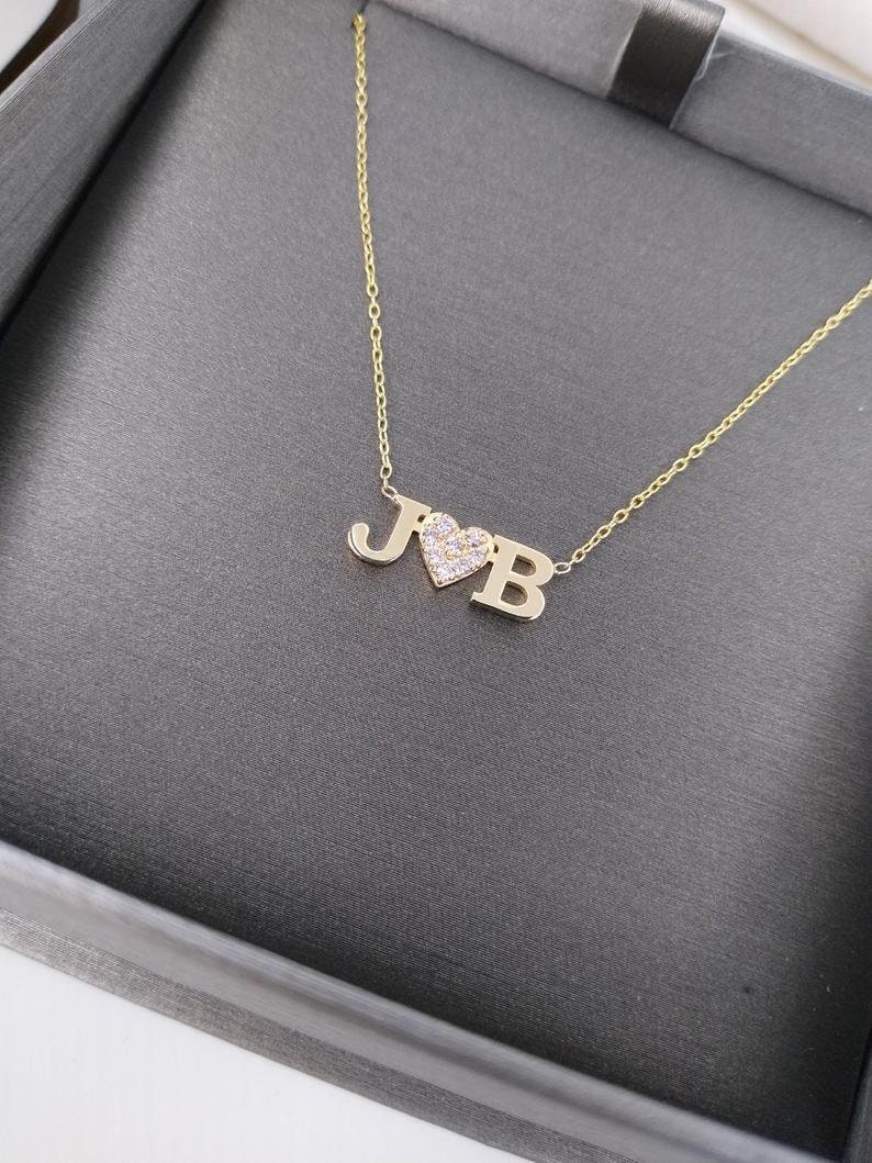 Diamond Initial Necklace / 14k Gold Diamond Double Initial Etsy