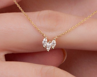 Trio Marquise Diamond Necklace, 14k Gold Marquise Diamond Pendant, Gift for Her