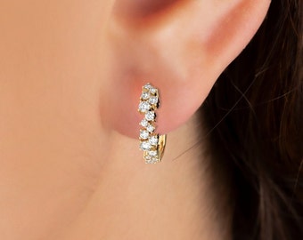 Diamond Cluster Hoop Earrings / 14k Gold and Diamond Huggie Earrings / Dainty Diamond Huggies / Unique Diamond Huggies