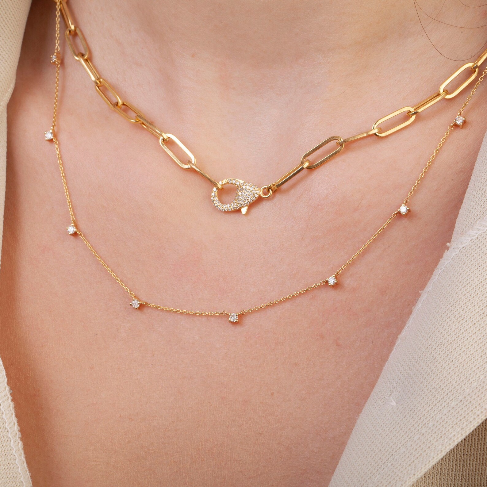 Diamond Station Necklace / 14k Gold Diamond Station Necklace / Etsy