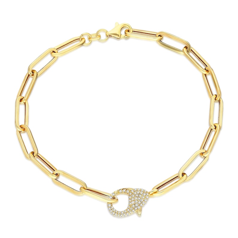 May include: A gold chain bracelet with a pave diamond clasp. The chain is made of oval links.