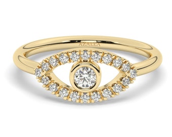 Diamond Evil Eye Ring / 14k Gold Diamond Evil Eye Ring / Diamond Birthstone Stacking Ring / Protection Gift / Evil Eye Gift Ideas