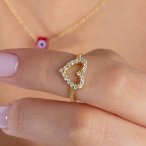 Diamond Heart Ring / 14k Gold Heart Stacking Band / Love Ring / Heart Ring / Dainty Heart Ring / Gift Ideas / Pave Open Heart Gold Ring