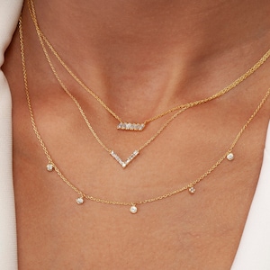 Diamond Station Necklace / 14k Gold Diamond Station Necklace / Dainty Diamond Necklace / Diamond Station Necklace / Layering Necklace