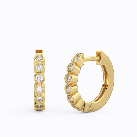 Diamond Hoop Earrings 14k Gold Bezel Set Diamond Hoops diamond Huggie Earrings Etsy