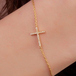 Diamond Sideways Cross Bracelet / 14k Single Diamond Cross Bracelet / Protection Jewelry / Dainty Diamond Bracelet / Holiday Gift