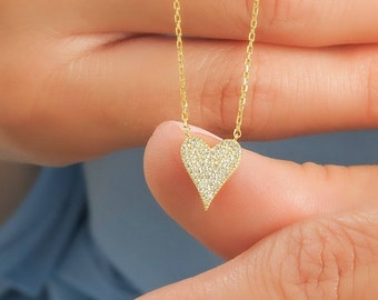 Diamond Heart Necklace, 14k Gold Diamond Heart Pendant, Gift for Her