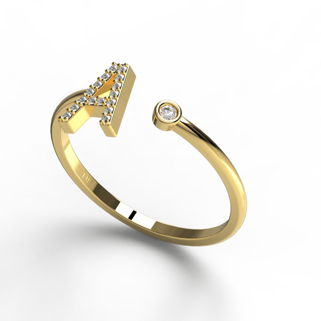 Diamond Initial Cuff Ring / 14k Gold Diamond Initial Ring / - Etsy