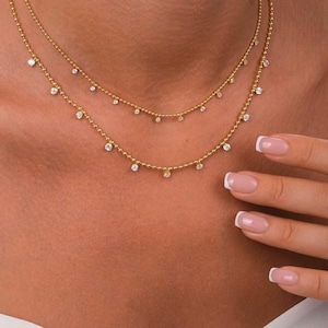 14k Gold Diamond Station Necklace: Dainty Ball Chain Layering Necklace