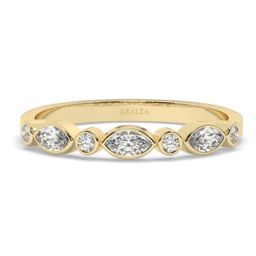 14k Gold Marquise Diamond Half Eternity Wedding Band / 10k 18k Bezel ...