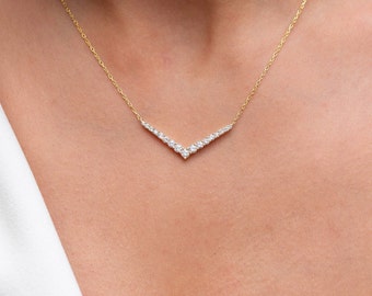 1 CT Diamond Chevron Necklace / 14k Gold Diamond V Necklace / Diamond Statement Necklace / Diamond Holiday Gift