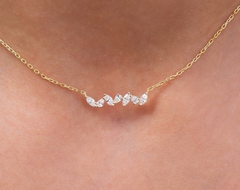 Diamond Bar Necklace / 14k Gold Alternating Marquise and Pear Shape Diamond Bar Necklace / Dainty Diamond Necklace