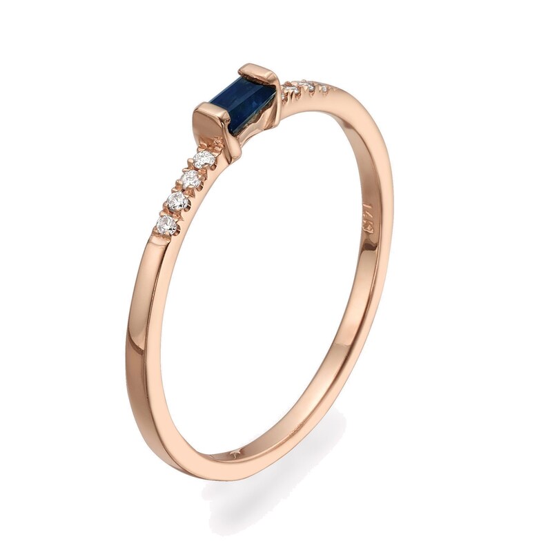 14k Gold Diamond Sapphire Baguette Ring Stacking Ring Wedding Ring Bridal Ring Anniversary Gift Birthday Gift