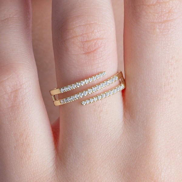 Diamond Spiral Cuff Ring / 14k Gold Spiral Diamond Cuff Ring / Anniversary Ring / Wedding Band / Stacking Ring / Bridal Gift / Birthday Gift