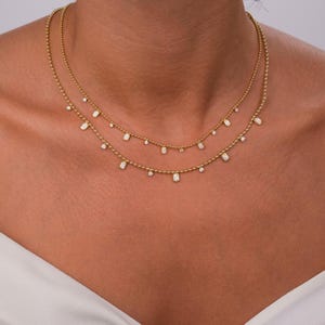 Dainty 14k Gold Emerald Cut Diamond Station Dangle Necklace - Ball Chain