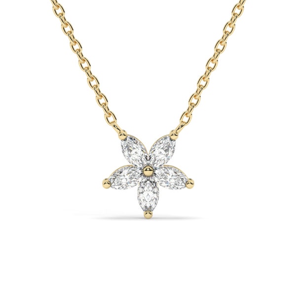 14k Gold Flower Diamond Necklace | Flower Petal Necklace | Marquise Diamond Necklace | Flower Pendant | Gift for Women | Bridesmaid Gift