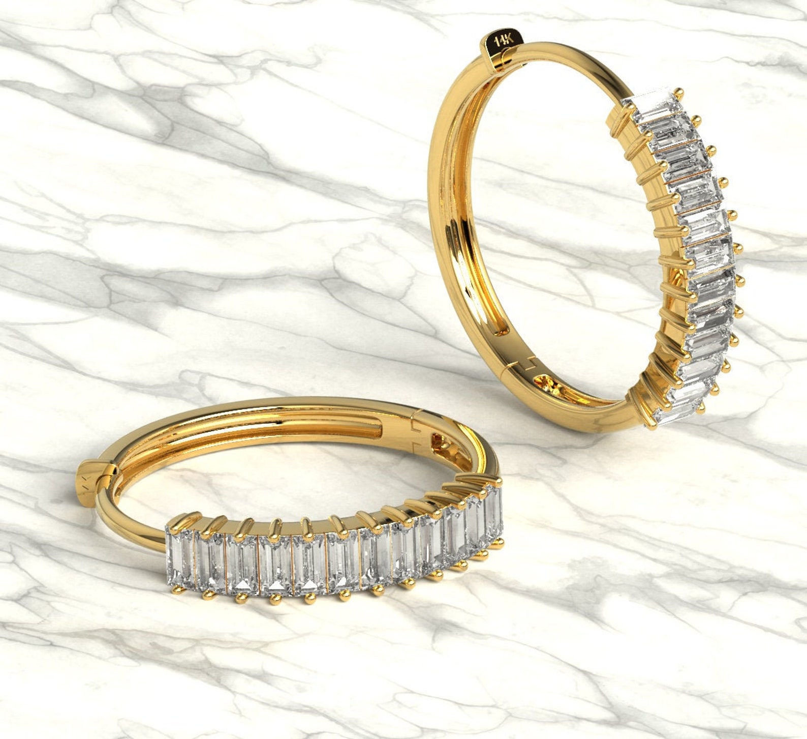 Baguette Diamond Hoop Earrings / 14k Diamond Hoop Earrings / Etsy