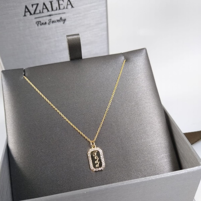 Diamond Dog Tag Necklace / 14k Gold or Silver Diamond Dog Tag Etsy