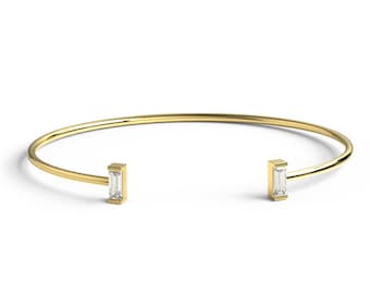 Baguette Diamond Wire Bangle / 14k Gold Baguette Diamond Cuff Bracelet / Birthday Gift / Dainty Diamond Bracelet / Diamond Gift Ideas