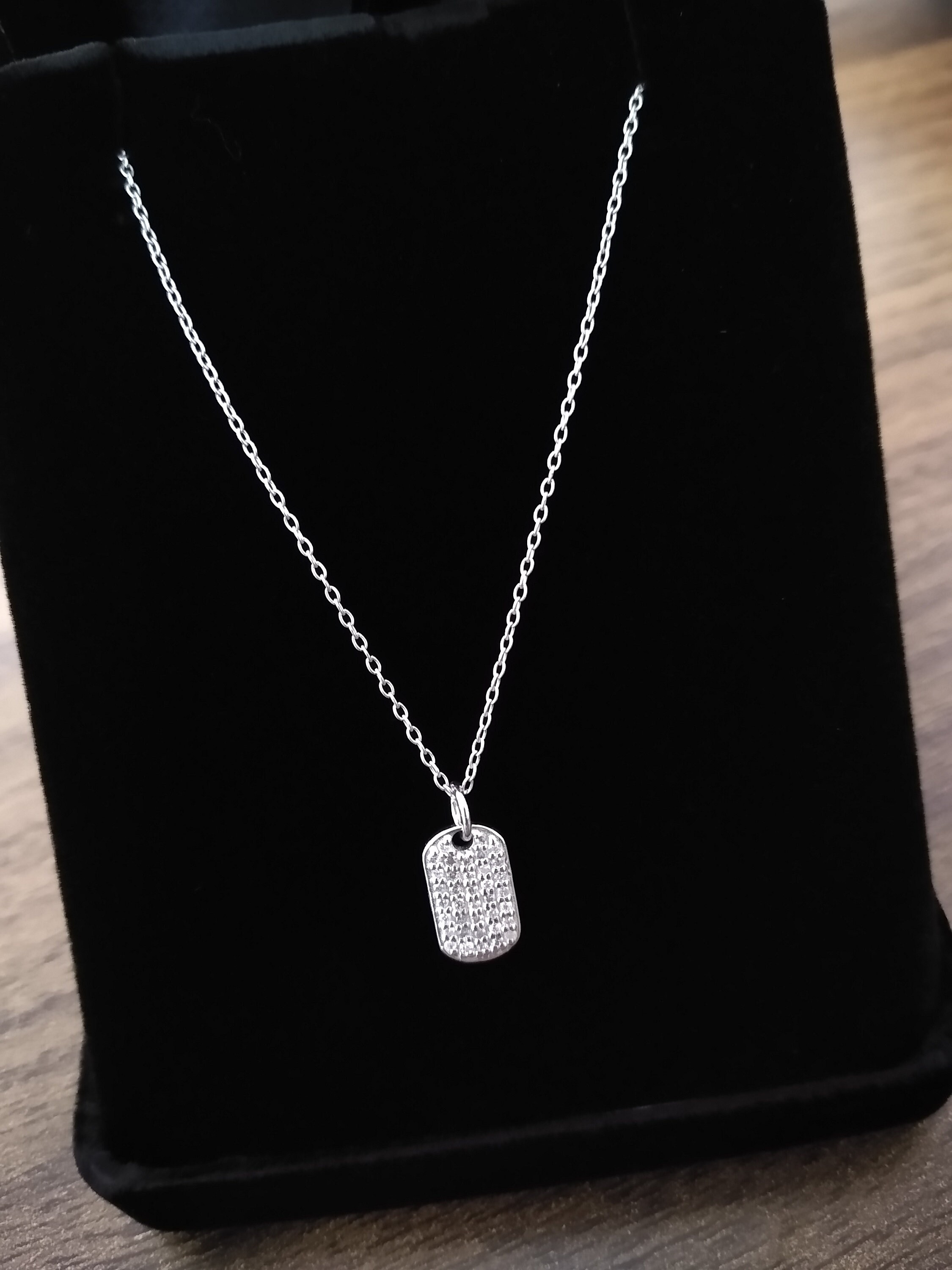 Diamond Dog Tag Necklace / 14k Gold or Silver Diamond Dog Tag 