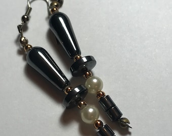 Hematite Dangle Earrings Pearl and Gold Bead Accents