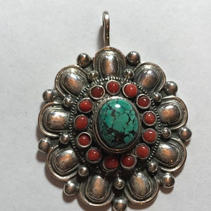 Sterling Silver Coral and Turquoise Pendant 2” Long