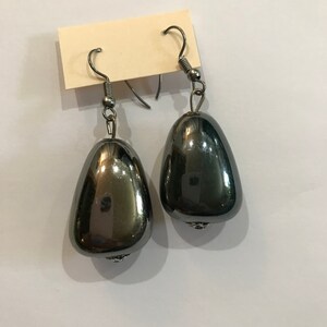Hematite Dangle Earrings Pearl and Gold Bead Accents