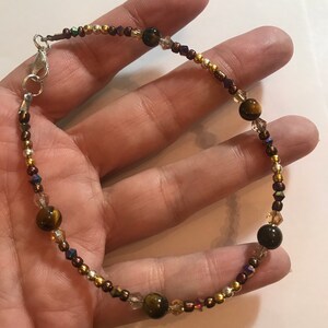 Tigers Eye and Swarovski Crystal Beads Dainty Ankle Bracelet