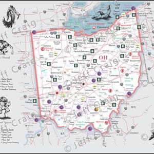 May include: A map of the state of Ohio with red, purple, and gold markers indicating locations of interest. The map is titled "Map in Black" and includes a legend with categories such as "Haunted Places", "Strange & Fortean Creatures", and "Ancient American Earthworks".