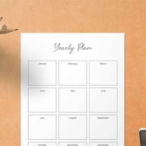 Afdrukbare sjabloon jaardoelen, jaarplanner, minimalistisch jaarplan, jaar in één oogopslag, maandelijkse doelen, A4 en letter, digitale download pdf