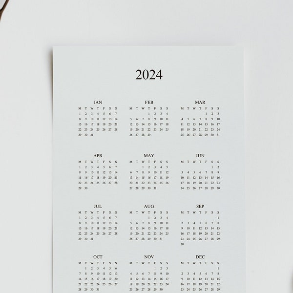 Printable 2024 Year Calendar Yearly 2024 Download PDF, Yearly Calendar Minimalist, A4 and Letter, Sunday and Monday Start, Instant Download