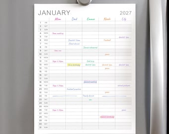 Family Calendar 2027 with 5 Columns, Printable Yearly Wall Planner, Minimalist Family Organizer