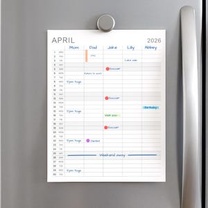 Planer rodzinny na rok 2026: minimalistyczny 5-kolumnowy kalendarz miesięczny (PDF)