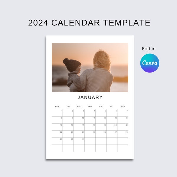 Canva-Vorlage für Fotokalender 2024, 100 % anpassbarer Kalender, Beginn Montag und Sonntag, A4 und Letter, Weihnachtsgeschenk