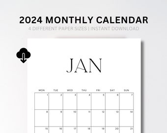 Agenda minimaliste 2024 mensuel 2024 à imprimer Télécharger le PDF Calendrier portrait | Lettre, 11 x 17, A4, A3 | Début lundi et dimanche