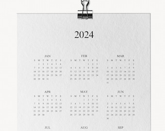 Calendario anno 2024 stampabile annualmente a colpo d'occhio 2024, calendario annuale minimalista, A4 e lettera, inizio domenica e lunedì, download istantaneo