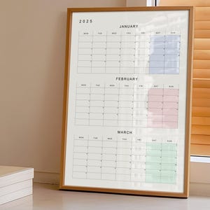 2025 Quarterly Calendar PDF | Printable Planner 3 Months per Page | Pastel Aesthetic | A3, A2, 11&quot;x17&quot;, 18&quot;x24&quot; | Monday & Sunday Start