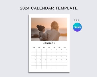 2024 Fotokalender Canva-sjabloon 100% aanpasbare kalender, maandag- en zondagstart, A4 & Letter, kerstcadeau