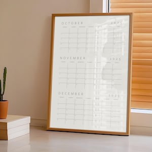 Calendario trimestral 2025, minimalista, de 90 días, imprimible, con formato de 3 meses, inicio lunes y domingo (PDF, A4/A3/Carta EE. UU./Tabloide)