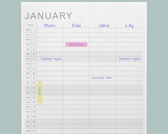 Family Planner Printable Family Calendar 2024 | A4, A3, Letter | Family Organizer PDF 4, 5 & 6 Family Members | Instant Download