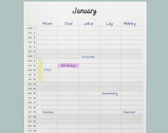 Family Planner Printable Digital Download Family Calendar 2024 | A4, A3, Letter, 11x17" | Family Organizer PDF 4, 5 & 6 Family Members