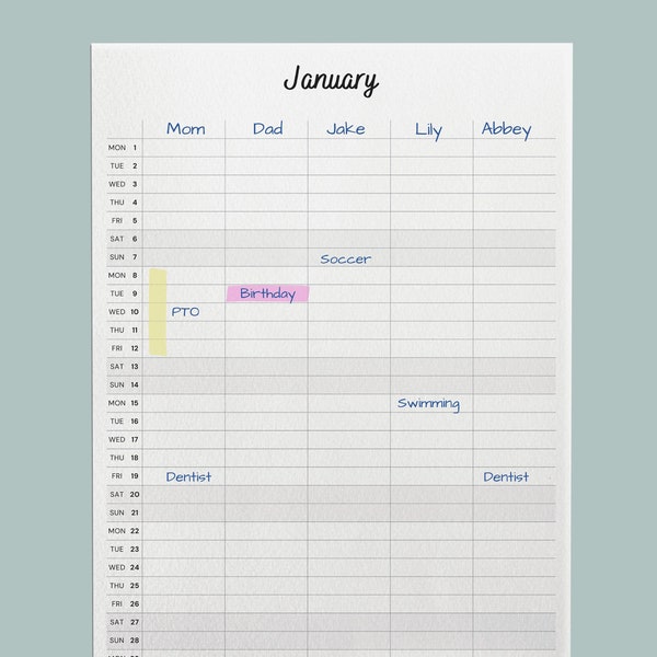 Familienplaner Druckbarer Digitaler Download Familienkalender 2024 | A4, A3, Letter, 11x17" | Familien Organizer PDF 4, 5 & 6 Familienmitglieder