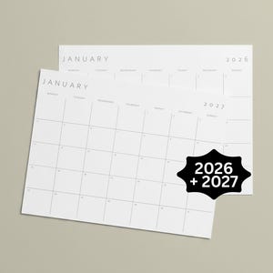 Printable Monthly Calendars 2026 + 2027 PDF, Monday & Sunday Start | Minimalist Planner (Digital Download)