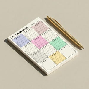 Overhead view of an ADHD sticky note pad on a workspace, showing one adhesive sheet with shaded sections for daily planning, including brain dump, task list, phone calls, and scheduled appointments.