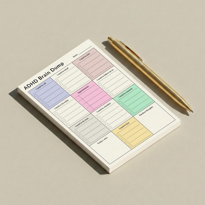 Overhead view of an ADHD sticky note pad on a workspace, showing one adhesive sheet with shaded sections for daily planning, including brain dump, task list, phone calls, and scheduled appointments.