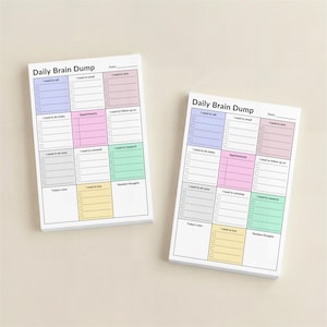 Close-up of ADHD-friendly sticky notes pad with color-coded sections labeled brain dump, tasks, calls, and appointments, printed on white paper with adhesive backing for daily task organization.