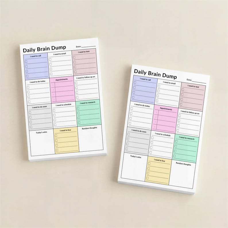 Close-up of ADHD-friendly sticky notes pad with color-coded sections labeled brain dump, tasks, calls, and appointments, printed on white paper with adhesive backing for daily task organization.