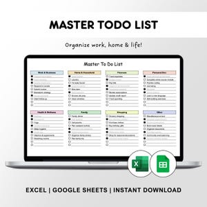 Può includere: Lo schermo di un laptop mostra un modello di "Master To Do List", suddiviso per lavoro, casa, finanze e sviluppo personale. Lo schermo mostra anche il testo "Organize work, home & life!" e le parole "EXCEL | GOOGLE SHEETS | INSTANT DOWNLOAD".